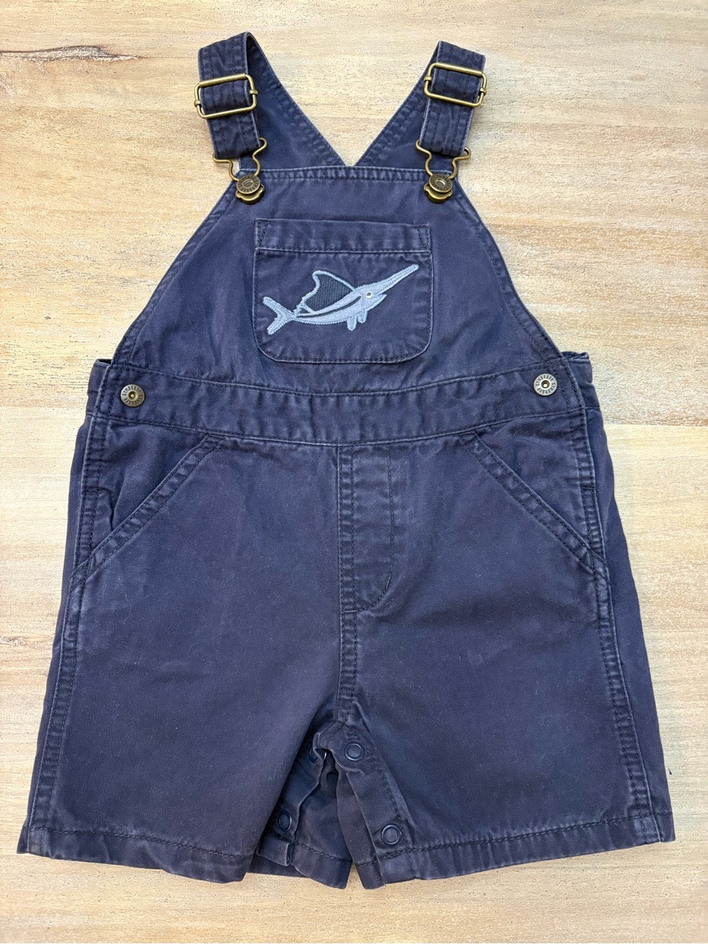 Gymboree Navy Shortalls 12-18M Swordfish Embroidered Bib Overalls Baby Boy
